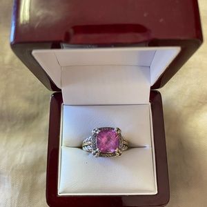 Pink Sapphire Cushion Cut Sterling Silver Ring with 14k gold accents